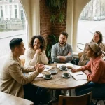 Vier mensen met verschillende reacties tijdens gesprek aan houten cafétafel in Amsterdam met koffiekopjes en notitieblokken