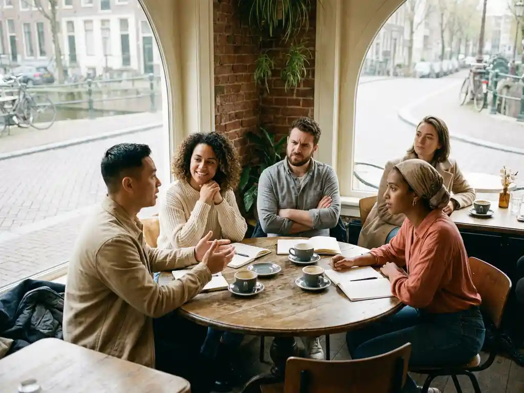 Vier mensen met verschillende reacties tijdens gesprek aan houten cafétafel in Amsterdam met koffiekopjes en notitieblokken