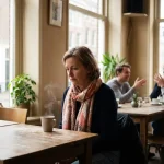 Vrouw zit alleen aan cafétafel met dampende koffie, peinzend starend terwijl andere klanten op achtergrond gezellig praten
