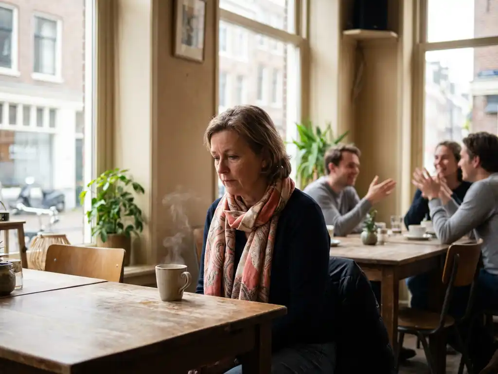 Vrouw zit alleen aan cafétafel met dampende koffie, peinzend starend terwijl andere klanten op achtergrond gezellig praten