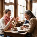 Vrouw in gesprek met oudere collega aan houten cafétafel in Amsterdam, handen gebarend tijdens conversatie