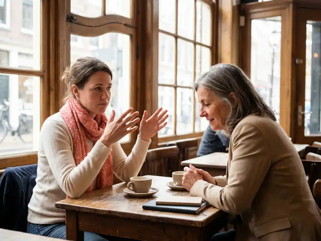 Vrouw in gesprek met oudere collega aan houten cafétafel in Amsterdam, handen gebarend tijdens conversatie