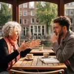 Oudere vrouw en jongere man in diep gesprek op zonnig Amsterdam café terras met kanalenhuizen op achtergrond
