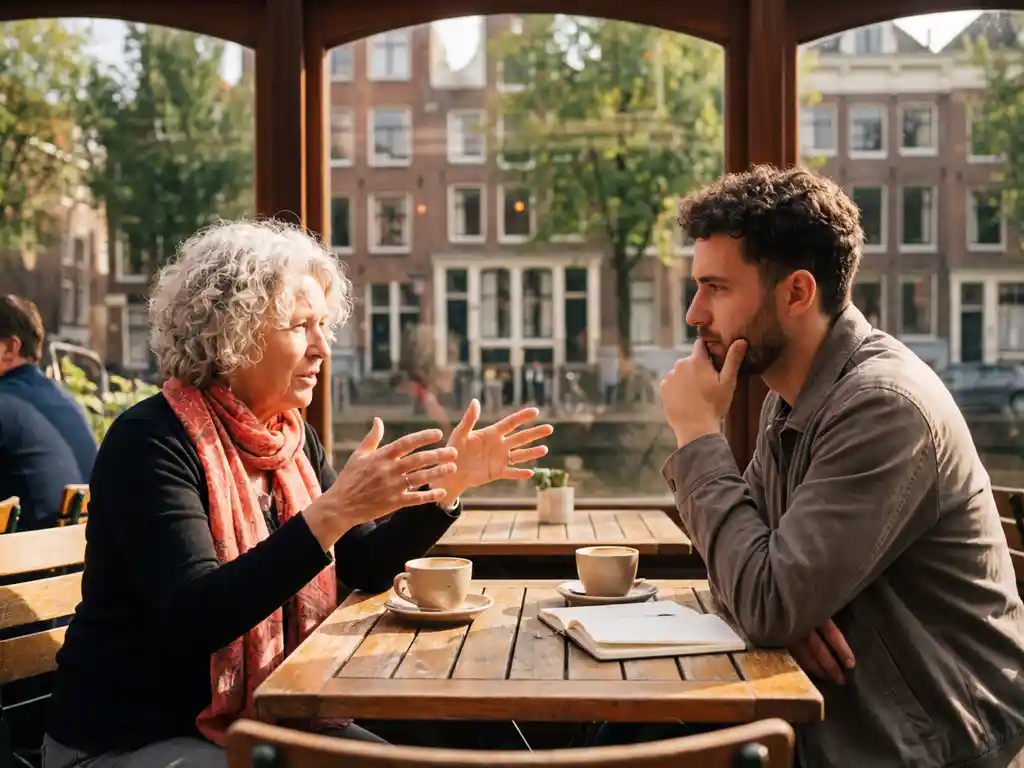 Oudere vrouw en jongere man in diep gesprek op zonnig Amsterdam café terras met kanalenhuizen op achtergrond