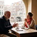 Twee generaties in gesprek aan houten cafétafel in Amsterdam, met koffie en notitieboeken tussen hen in