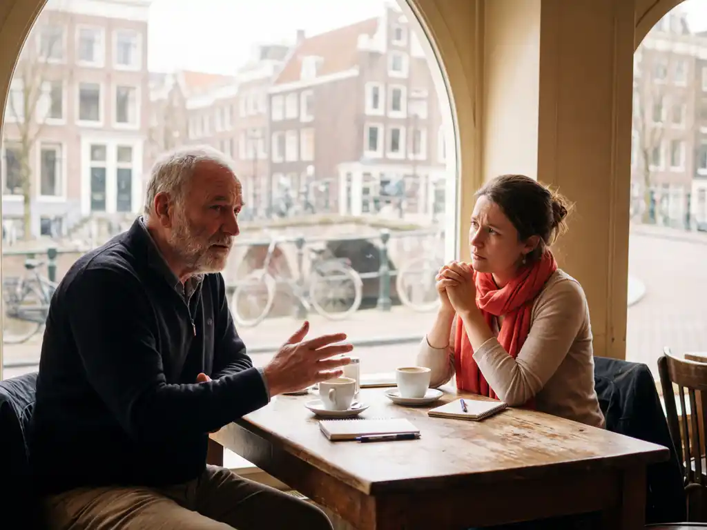 Twee generaties in gesprek aan houten cafétafel in Amsterdam, met koffie en notitieboeken tussen hen in