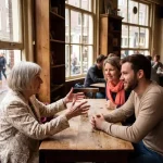 Drie mensen in levendig gesprek aan houten tafel in gezellig Amsterdam café, oudere vrouw gebaart expressief