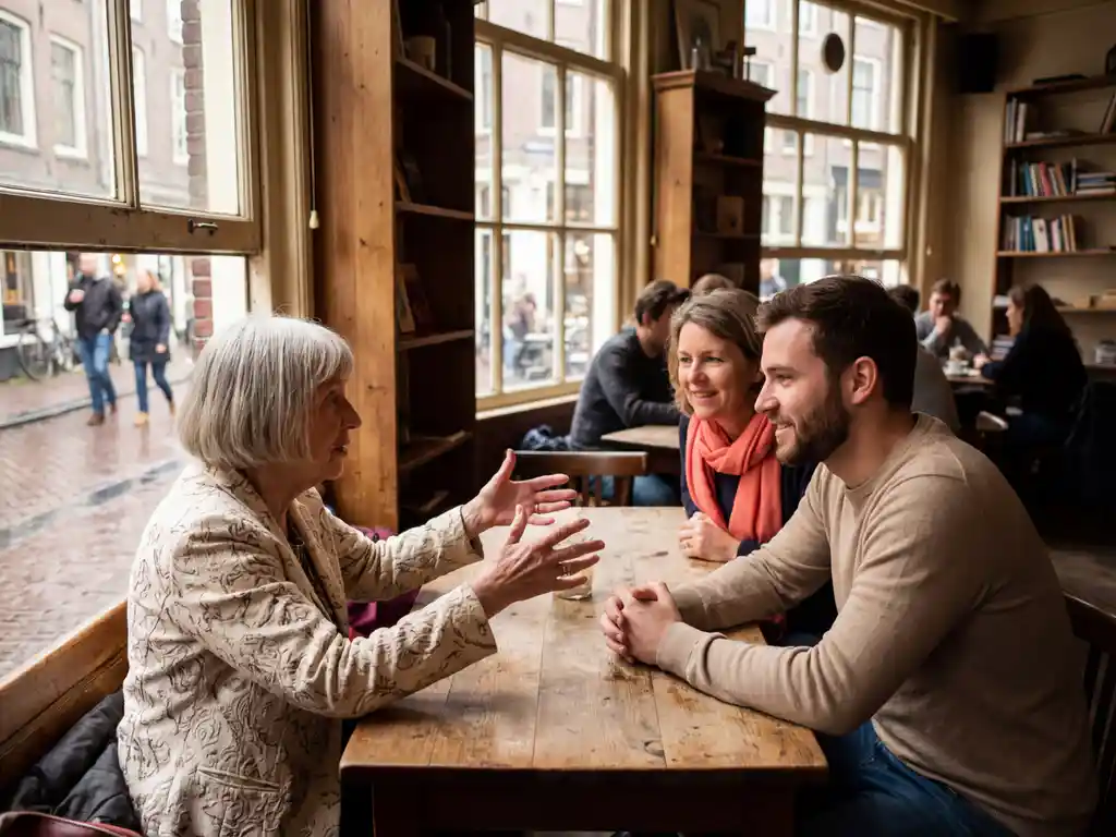 Drie mensen in levendig gesprek aan houten tafel in gezellig Amsterdam café, oudere vrouw gebaart expressief