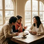 Drie mensen in intiem gesprek aan houten tafel in zonnig Amsterdam café, met koffiekopjes en notitieboekje