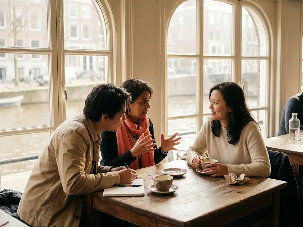Drie mensen in intiem gesprek aan houten tafel in zonnig Amsterdam café, met koffiekopjes en notitieboekje