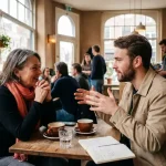 Twee mensen in diep gesprek in warm Amsterdam café, één persoon leunt voorover terwijl ander expressief gebaart, koffiekopjes op houten tafel