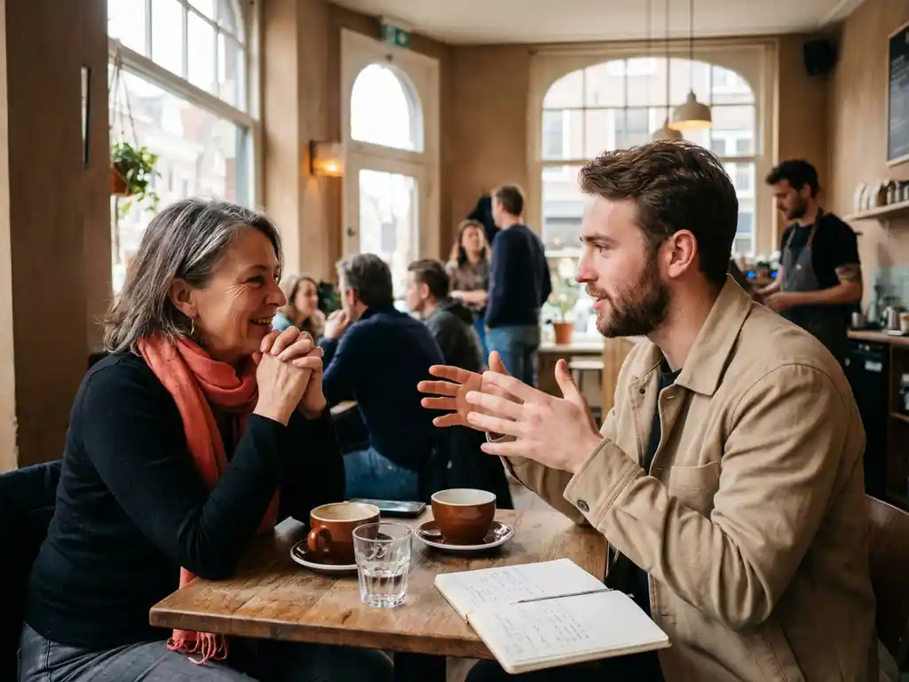 Twee mensen in diep gesprek in warm Amsterdam café, één persoon leunt voorover terwijl ander expressief gebaart, koffiekopjes op houten tafel