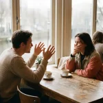 Twee mensen in levendig gesprek in warm Amsterdam café, een persoon leunt voorover met expressieve handgebaren