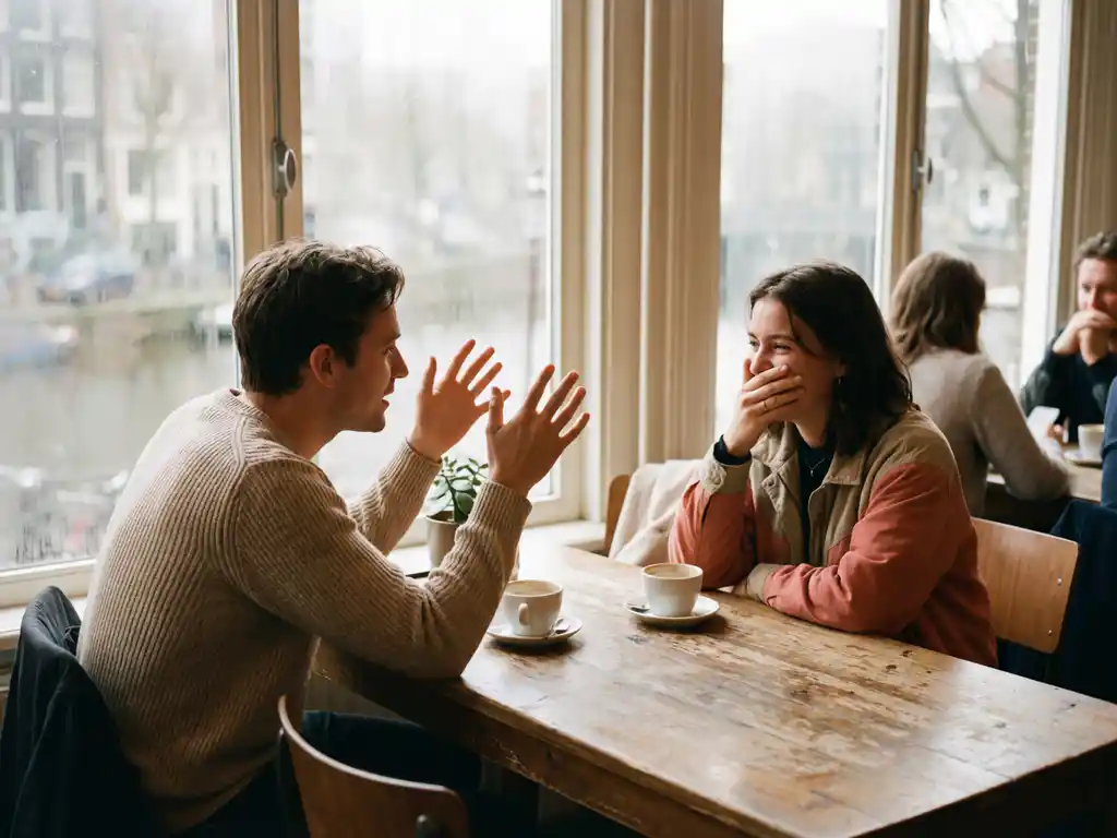 Twee mensen in levendig gesprek in warm Amsterdam café, een persoon leunt voorover met expressieve handgebaren