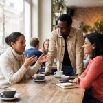 Drie mensen in levendig gesprek aan houten tafel in gezellig Amsterdam café met koffiekopjes en notitieboek