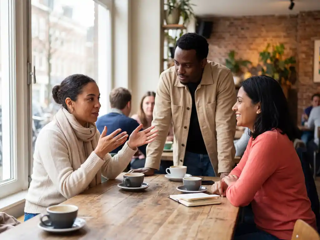 Drie mensen in levendig gesprek aan houten tafel in gezellig Amsterdam café met koffiekopjes en notitieboek