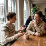 Twee mensen in gesprek aan houten tafel in Amsterdam café, één persoon gebaart met open handen, ander luistert met gefronste wenkbrauwen