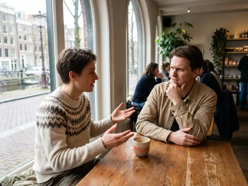 Twee mensen in gesprek aan houten tafel in Amsterdam café, één persoon gebaart met open handen, ander luistert met gefronste wenkbrauwen