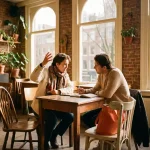 Twee mensen in levendig gesprek aan café tafel, één gesticulerend terwijl ander aandachtig luistert met open notitieboek