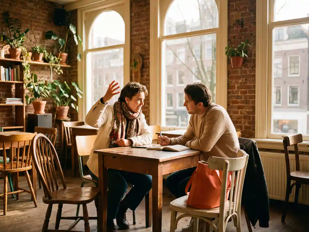 Twee mensen in levendig gesprek aan café tafel, één gesticulerend terwijl ander aandachtig luistert met open notitieboek