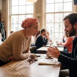 Twee mensen in gesprek aan houten cafétafel in Amsterdam met koffiekopjes en notitieboekje tussen hen in
