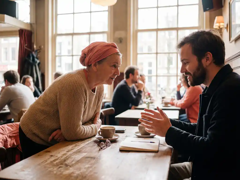 Twee mensen in gesprek aan houten cafétafel in Amsterdam met koffiekopjes en notitieboekje tussen hen in