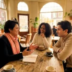 Drie mensen in levendig gesprek aan houten cafétafel, Amsterdam middaglicht door ramen, koffiekopjes en notitieboek