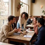 Diverse groep mensen in geanimeerd gesprek aan houten cafétafel in warm Amsterdam koffiehuis met grote ramen