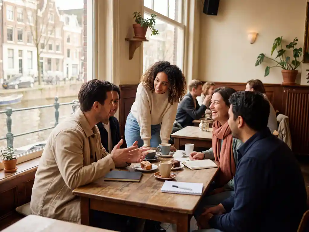 Diverse groep mensen in geanimeerd gesprek aan houten cafétafel in warm Amsterdam koffiehuis met grote ramen