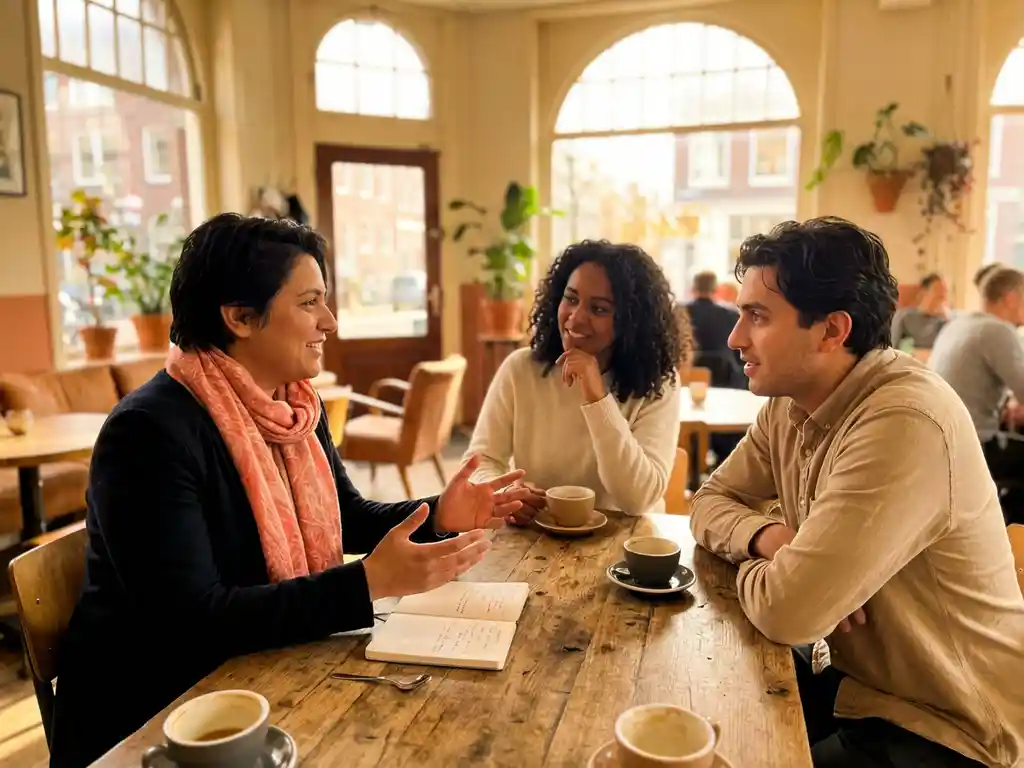 Drie mensen in levendig gesprek aan houten cafétafel, Amsterdam middaglicht door ramen, koffiekopjes en notitieboek