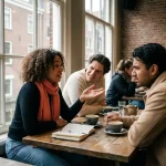 Drie mensen in levendig gesprek aan houten cafétafel in Amsterdam, met koffiekopjes en notitieboek, natuurlijk licht door ramen