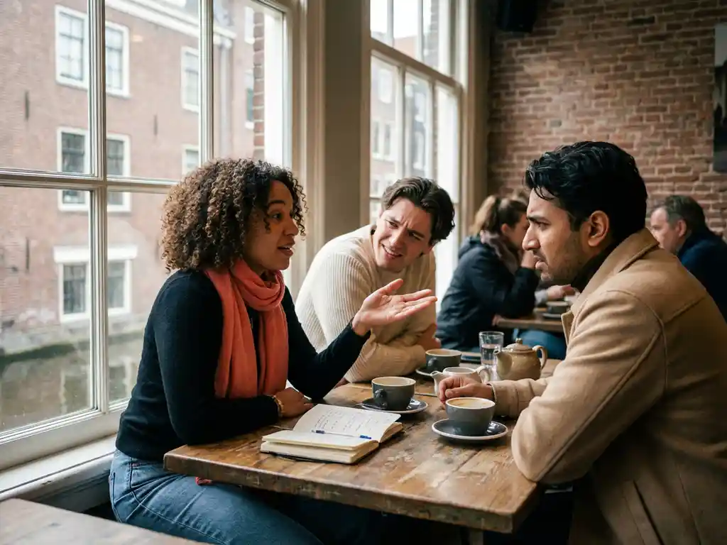 Drie mensen in levendig gesprek aan houten cafétafel in Amsterdam, met koffiekopjes en notitieboek, natuurlijk licht door ramen