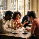 Drie mensen in geanimeerd gesprek aan houten café tafel, warme Amsterdamse zonlicht door grote ramen, koffiekopjes