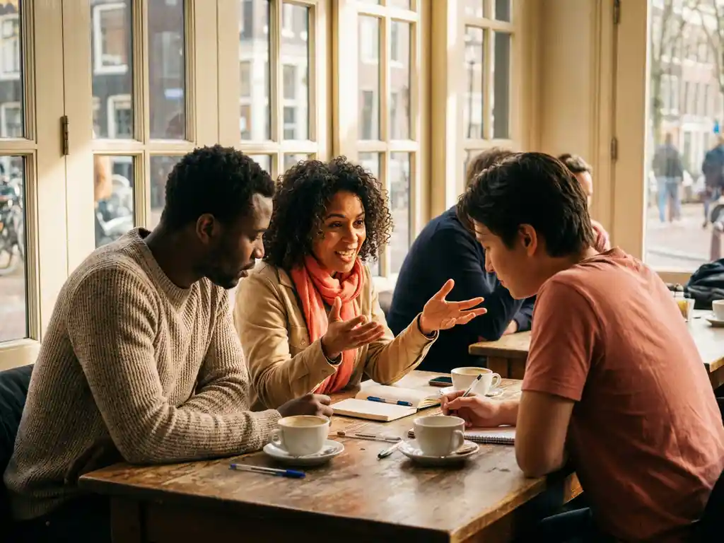 Drie mensen in geanimeerd gesprek aan houten café tafel, warme Amsterdamse zonlicht door grote ramen, koffiekopjes