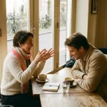 Twee mensen in gesprek aan houten cafétafel in Amsterdam, een persoon gebaart expressief terwijl de ander aandachtig luistert