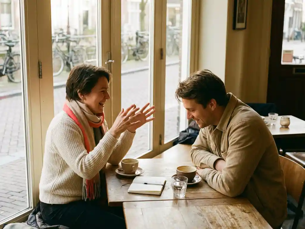 Twee mensen in gesprek aan houten cafétafel in Amsterdam, een persoon gebaart expressief terwijl de ander aandachtig luistert