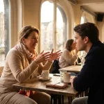 Vrouw in gesprek met jongere man aan cafétafel in Amsterdam, warme middagzon door grote ramen, koffiekopjes op houten tafel