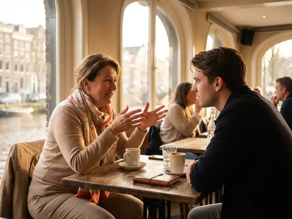 Vrouw in gesprek met jongere man aan cafétafel in Amsterdam, warme middagzon door grote ramen, koffiekopjes op houten tafel