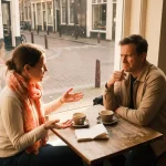 Vrouw gebaart met open handen tijdens gesprek in Amsterdams café terwijl luisteraar sceptisch kijkt, warme middaglicht