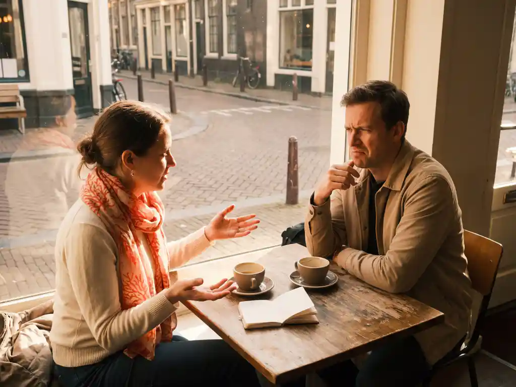 Vrouw gebaart met open handen tijdens gesprek in Amsterdams café terwijl luisteraar sceptisch kijkt, warme middaglicht