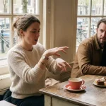 Vrouw pauzeert mid-gesprek met ongemakkelijk handgebaar tegenover gesprekspartner aan houten cafétafel in Amsterdam