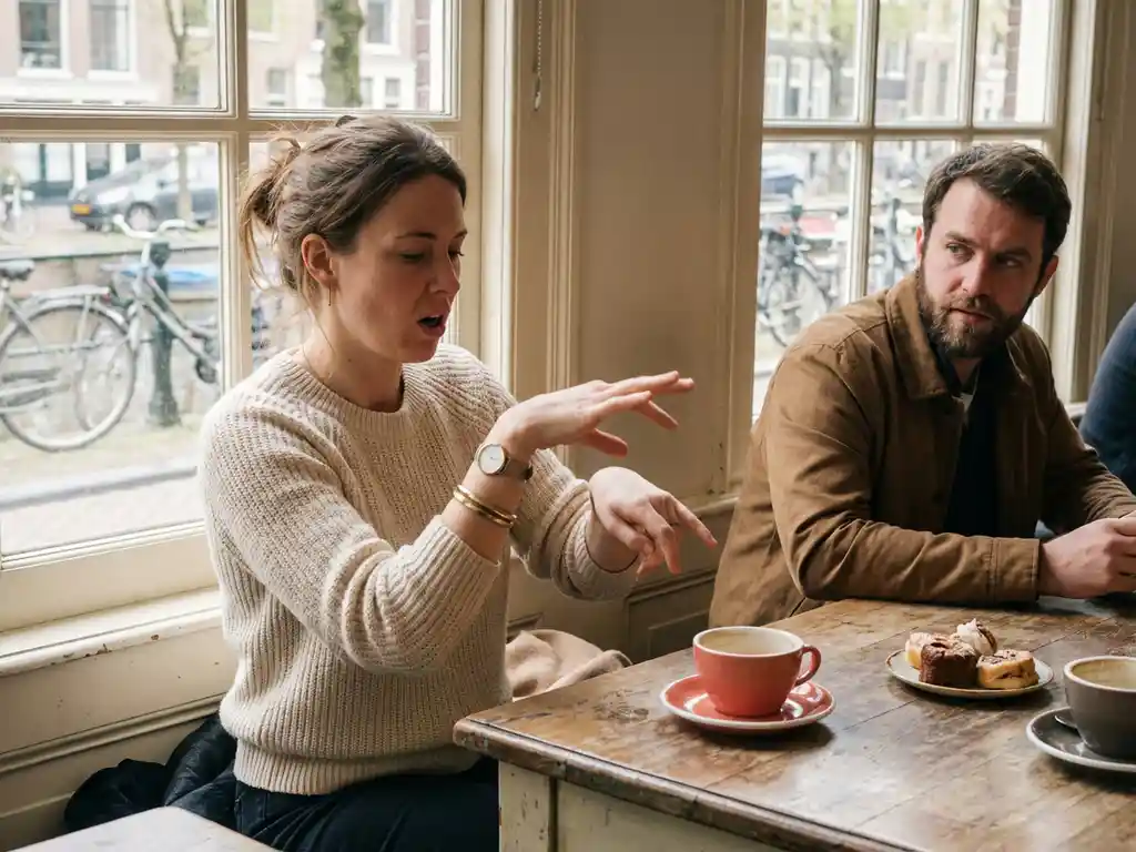 Vrouw pauzeert mid-gesprek met ongemakkelijk handgebaar tegenover gesprekspartner aan houten cafétafel in Amsterdam