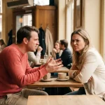 Gefrustreerde innovator gebaart hartstochtelijk naar sceptische collega met gekruiste armen in warm Amsterdam café