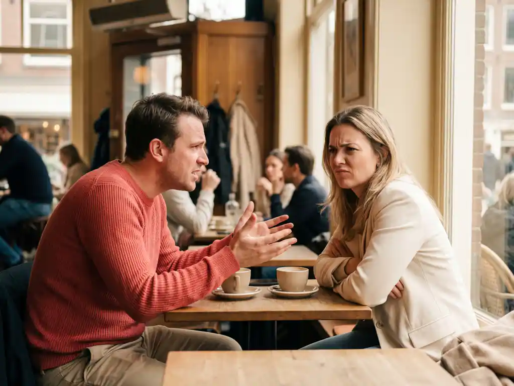 Gefrustreerde innovator gebaart hartstochtelijk naar sceptische collega met gekruiste armen in warm Amsterdam café