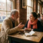 Twee personen van verschillende leeftijden in gesprek aan houten cafétafel in Amsterdam met koffie en notitieboek