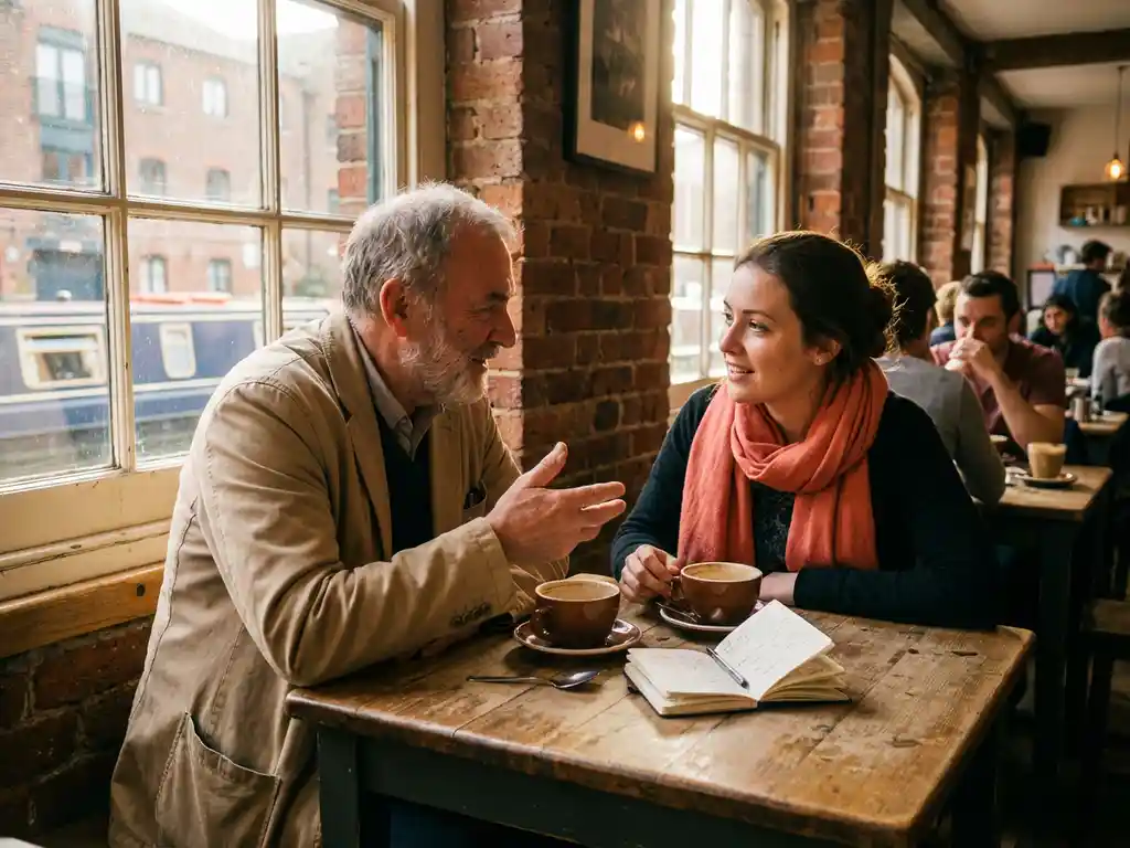 Twee personen van verschillende leeftijden in gesprek aan houten cafétafel in Amsterdam met koffie en notitieboek