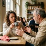 Vrouw in dertigerjaren bekijkt keramische koffiemok met verwarde uitdrukking tegenover oudere man in warm Amsterdam café