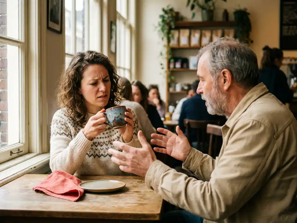 Vrouw in dertigerjaren bekijkt keramische koffiemok met verwarde uitdrukking tegenover oudere man in warm Amsterdam café