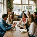 Diverse groep mensen in gesprek aan houten cafétafel in Amsterdam koffiehuis met natuurlijk licht door ramen