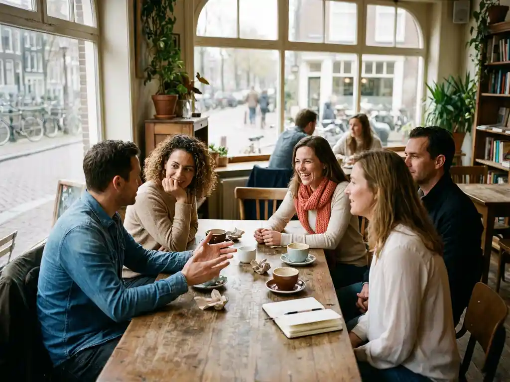 Diverse groep mensen in gesprek aan houten cafétafel in Amsterdam koffiehuis met natuurlijk licht door ramen